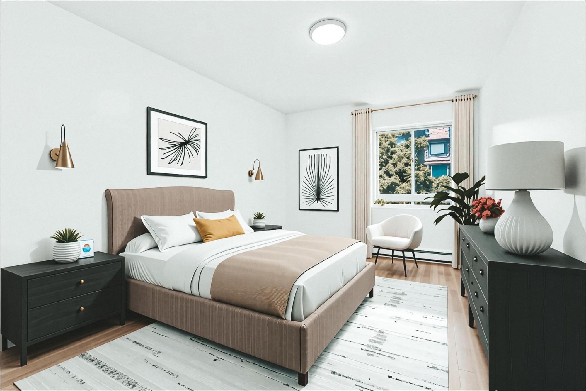 Staged bedroom at Domaine Pelican